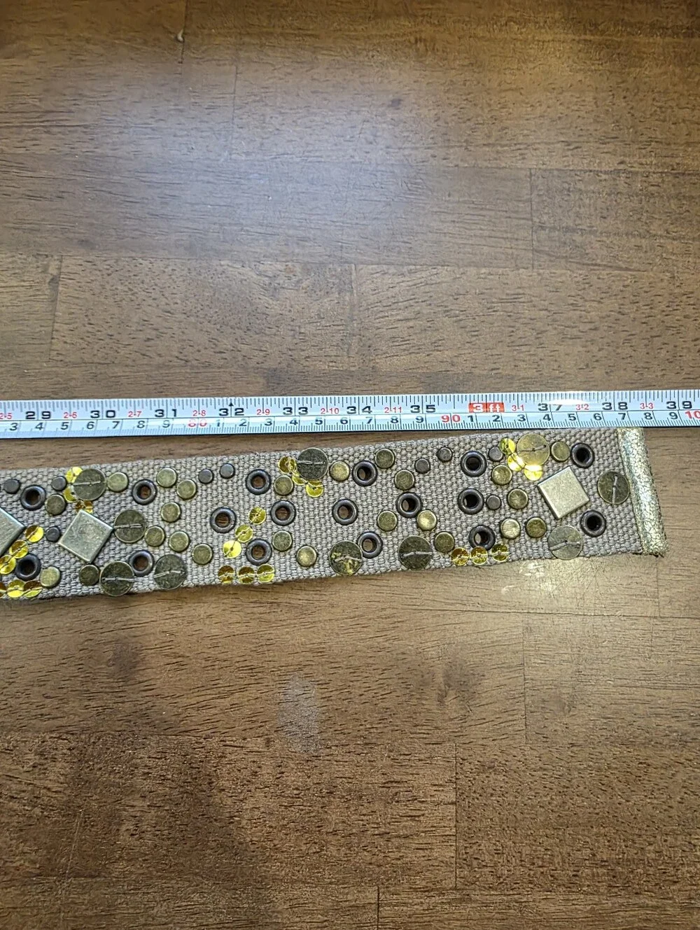 Boho Embellished Canvas Belt Taupe Brass Studded Sequin Size  S/M